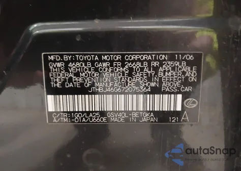 2007 Lexus Es 350 from USA, damaged, VIN JTHBJ46G672075364